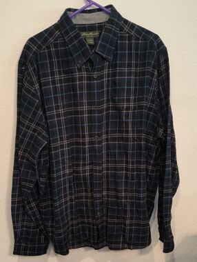 Eddie Bauer Navy Plaid Button-Down Shirt Cotton Twill XXL